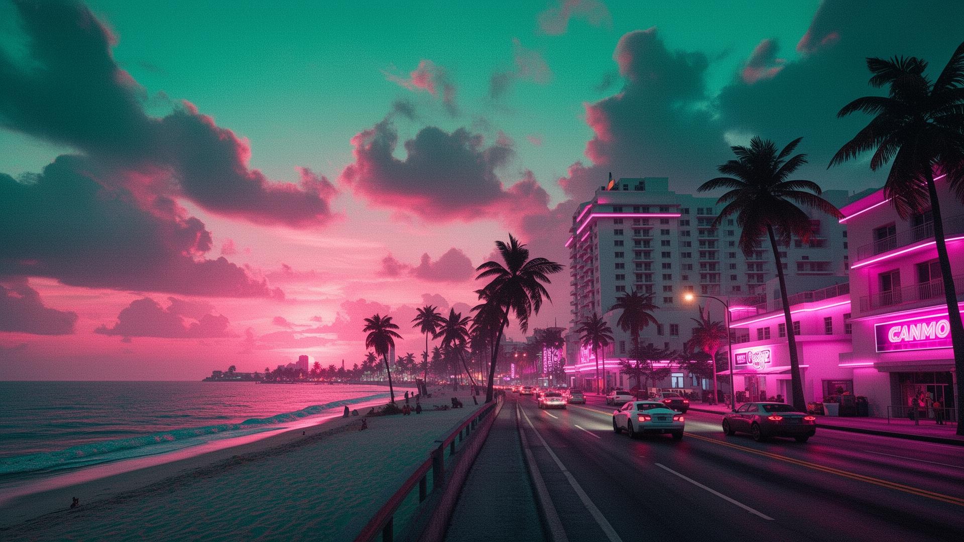 Vice City beachfront strip at neon sunset