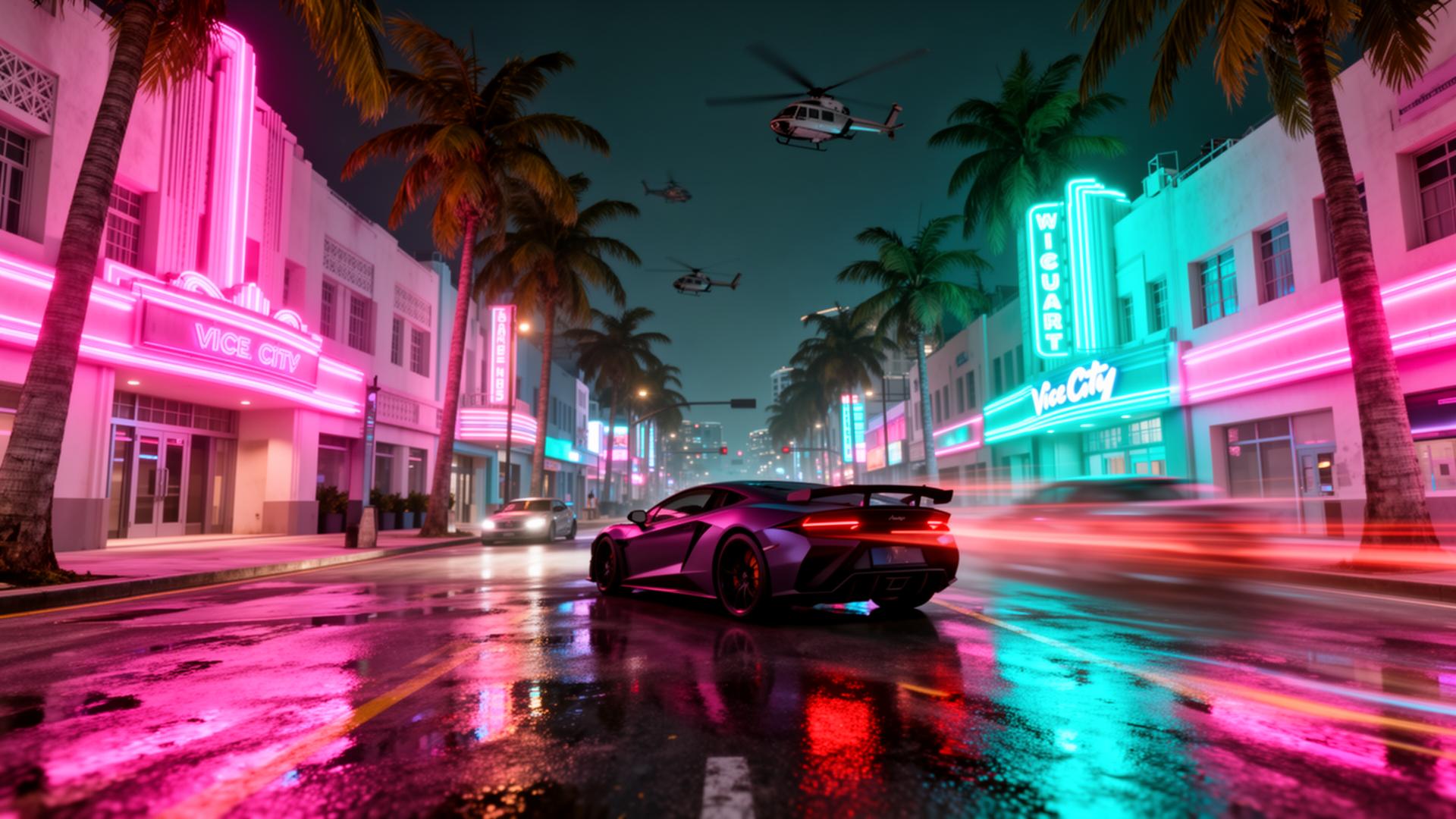 Neon-lit Vice City night street with sports car