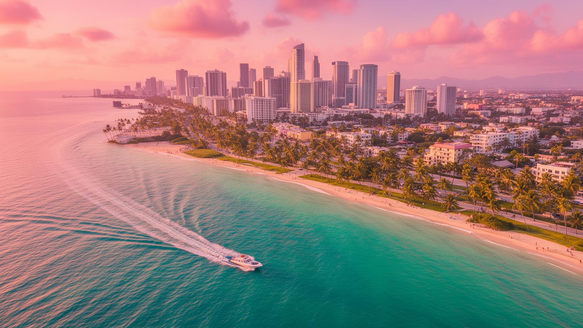 Aerial view of Vice City coastline at golden hour